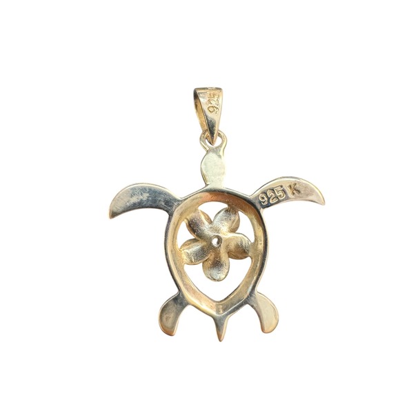 Silver 925 Hawaiian Honu Turtle Pendant Plumeria Flower Center Small Clear Stone - Picture 2 of 9